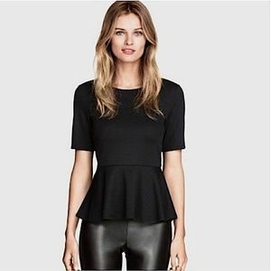 H&M Black Matte Satin Stretch Peplum Top 2 Scuba Knit Waist Ruffle XS S